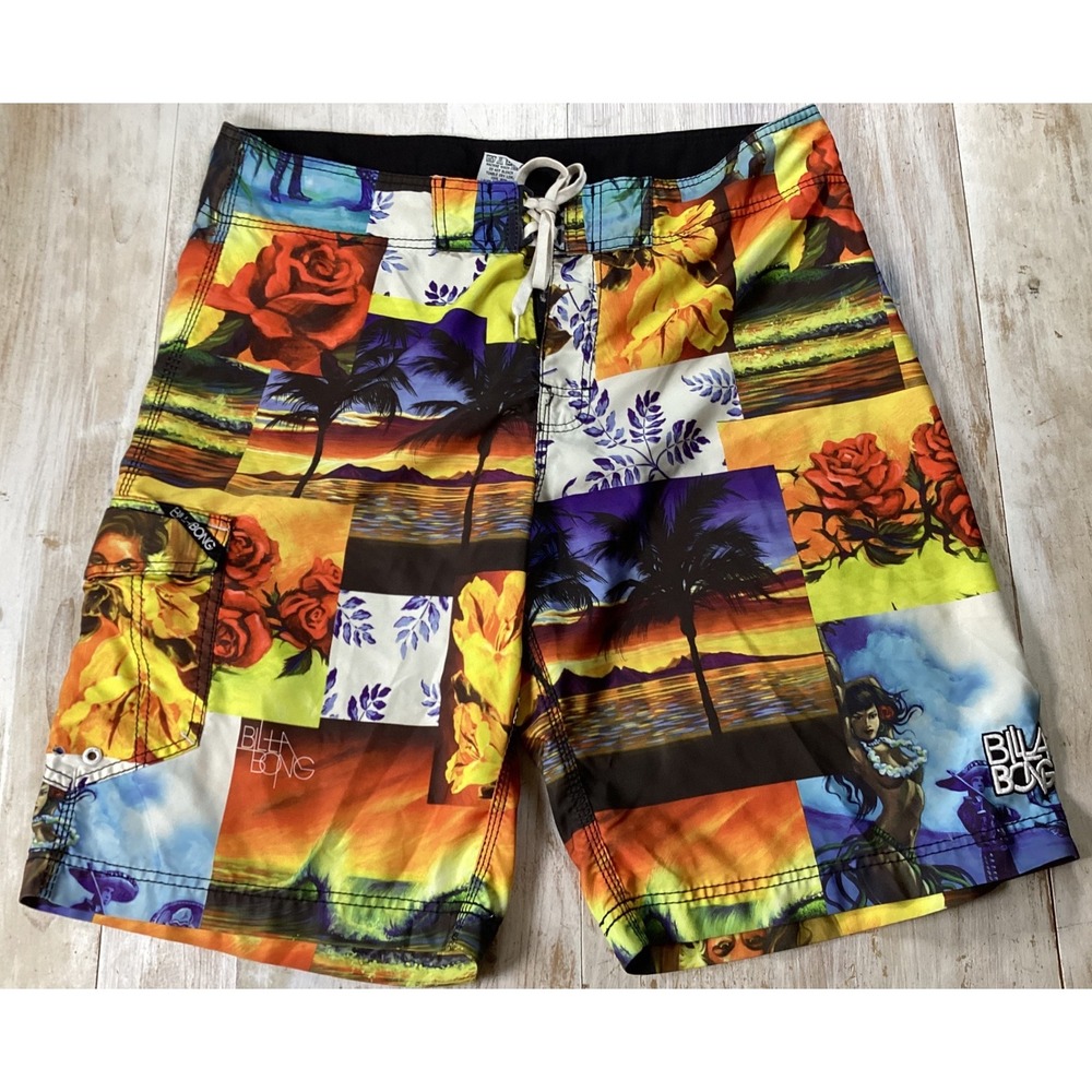 Billabong Mens Board Shorts Size 38 Tropical Hula Girl Sunset Collage M102FPUE